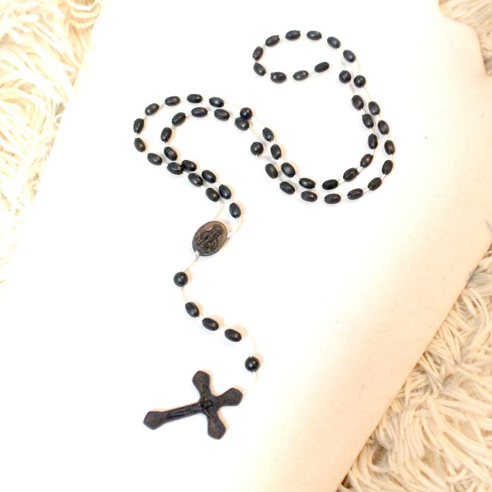 Black Plastic 16" Small Beaded Rosary Beads 16" Long. New.
